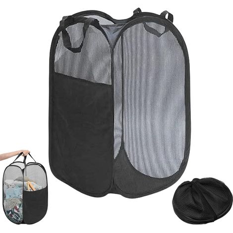 LYERCW - Grand panier à linge pliable en filet, panier à linge pliable pliable avec poche latérale, paniers à linge avec poignées (1/3)