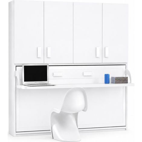 Lit escamotable horizontal avec bureau et armoire MIKO - Profondeur 34,5cm-Blanc-140x190 (1/5)