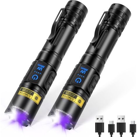 Lampe Torche UV 395 nm Lumière Noire, Lampes de Poche de Camping LED Puissante USB Rechargeable, Lampe Wood Ultraviolette Détecteur pour d'Urine, Ambré, Verre d'Uranium, Résine, 2 Paquets