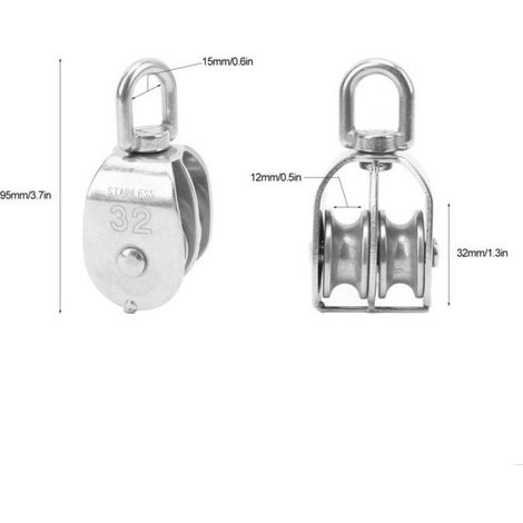 Poulie Double - M32 - Acier Inoxydable 304 - Rotation 360° - Charge Maximale 250 kg - Pour Cordes ≤12 mm - 2 Pièces (1/5)