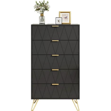 Kommode mit 5 Schubladen, 60x34x110cm, Schwarz, Goldene Füße (1/5)