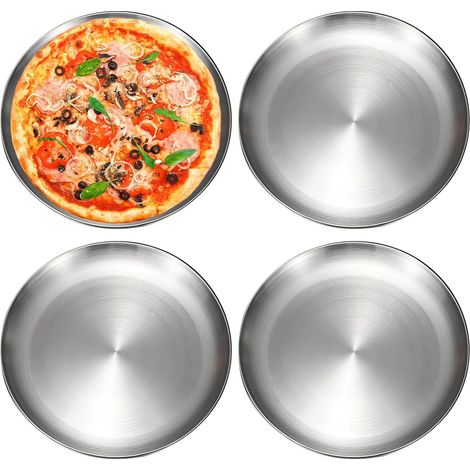 Lot de 4 Plaques à pizza, Acier inoxydable, Diamètre 30 cm, Bord roulé, Four et lave-vaisselle, Cuisson maison