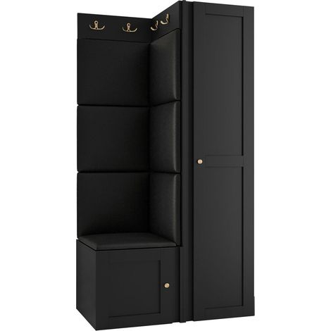 Meuble d'entrée Hartford 381, Noir, 186x82x46cm, MDF, Stratifié, Faux cuir, Murale, À poser