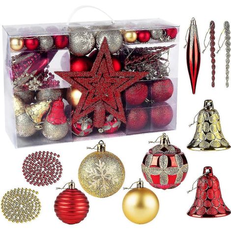 57+1 boules de Noël rouges et dorées, décorations à suspendre en plastique pour sapin de Noël (1/4)