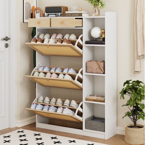 Scarpiera 90x24x130 cm in truciolato bianco e naturale salvaspazio – MEUBLIV (1/5)