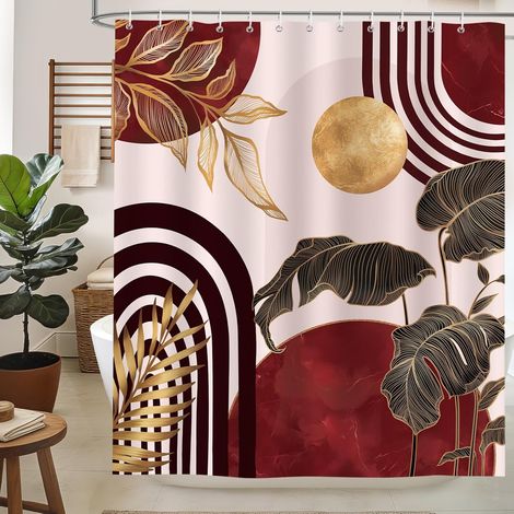 Rideau de Douche Boho Feuilles Soleil Abstrait 180x200 Rouge Doré (1/5)
