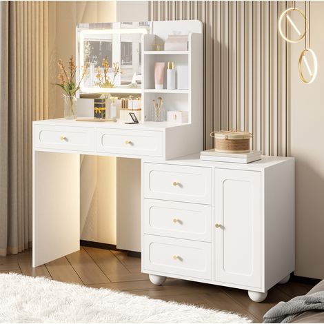 Coiffeuse 80x39.8x127 cm blanche en bambou et MDF avec miroir LED, 5 tiroirs, 1 porte et rangements (1/5)
