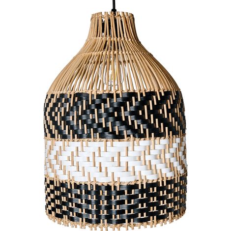 Lámpara colgante pantalla de ratán estructura de hierro estilo boho tejida a mano iluminación blanco y negro Turabo