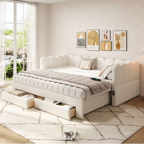 Tagesbett Leinen Beige 90x190 cm, ausziehbar auf 180x190 cm, mit 2 Schubladen, USB- und Typ-C-Anschluss (1/5)