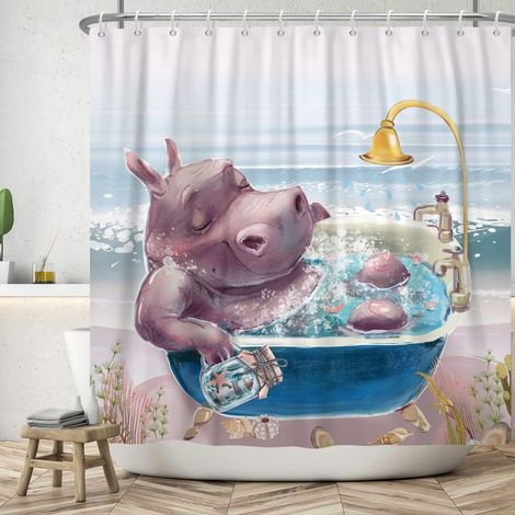 165x180cm Rideau de Douche Hippopotame Mignon drôle de Dessin animé Animaux Bord de mer Paysage Rideau de Douche Rideaux de Salle de Bain Modernes et élégants pour Enfants avec Crochets (1/4)