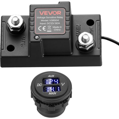 Kit isolateur de batterie 12V 80A 13,3mm² avec relais VSR manuel et automatique, voltmètre LCD, pour batteries plomb-acide (1/5)
