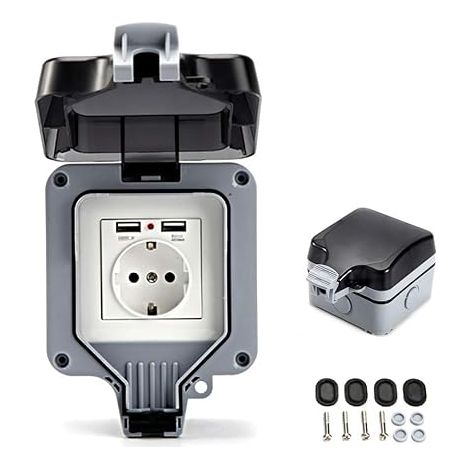 IP66 Outdoor Waterproof Socket with USB for Wall, Outdoor Plug with Flip Cover for Outdoor Gardens and Garages (Single Pack) (1/5)