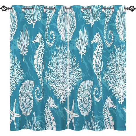 Rideau Occultant Océan Hippocampe Coraux Tenture Opaque à Oeillets Draperies Intérieurs Rideau Thermique Isolant pour Maison Chambre Salon Fenetre 2 Pièces L 77 x H 160 cm - 77L X 160H cm (2 Panneaux) (1/5)