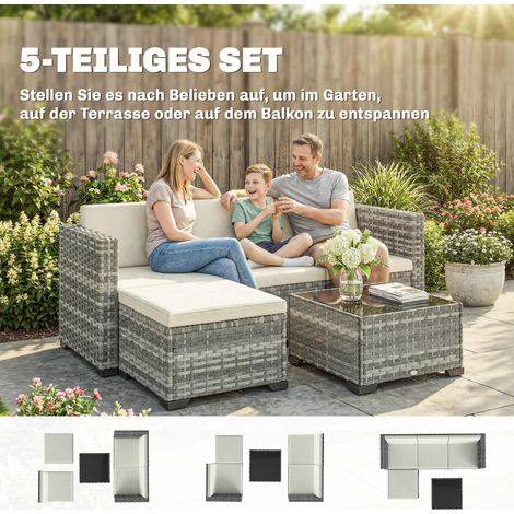 Ensemble de salon de jardin en résine tressée, 5 pièces, canapé d'angle avec pouf, table basse, coussins assise et dossier, gris et blanc cassé
