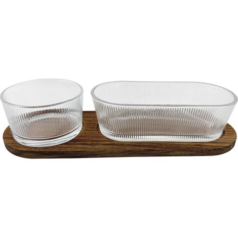 Cuencos de vidrio para salsas sobre base de madera de acacia y vidrio MIX 3 EL.
