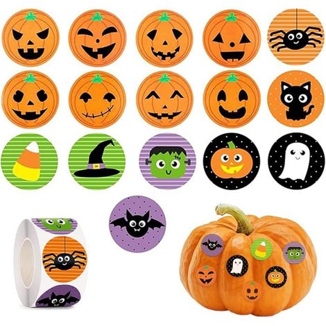 Lot 1 000 Autocollants d halloween Enfants Motif Citrouille Chauve Souris araignée 16 Couleurs Motifs éclatants Autocollants Ronds (1/2)
