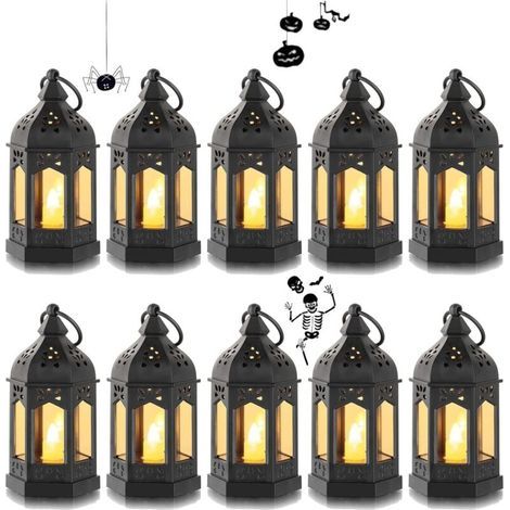 Mini Lanterne LED Exterieur - Lot de 10 Lanterne Bougie Noir Decorative Bougeoir pour Halloween, Ramadan, Mariage, Noel, Decoration de Table, Piles Inclusesdyk- (1/4)