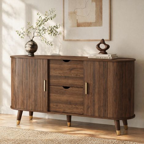 Aparador 140 x 40 x 79,5 cm en MDF, 2 puertas correderas, 2 cajones, nogal OKMYHOME (1/5)
