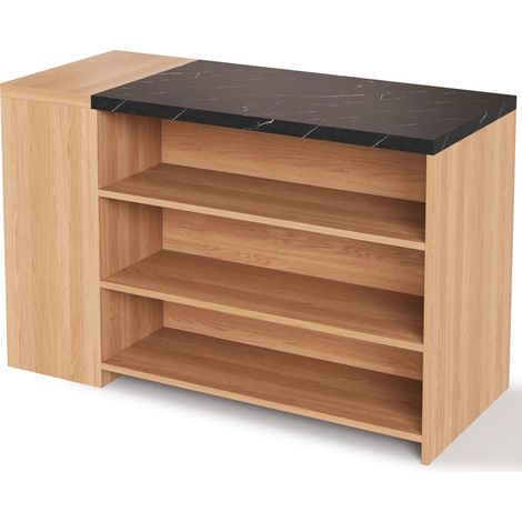 Îlot de cuisine multifonction avec bar, 5 niveaux de rangement & tiroir caché, plateau épais imitation marbre noir et chêne, 140×60×90 cm (1/5)