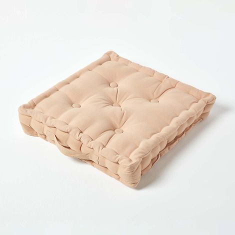 HOMESCAPES Cotton Natural Beige Floor Cushion, 50 x 50 cm