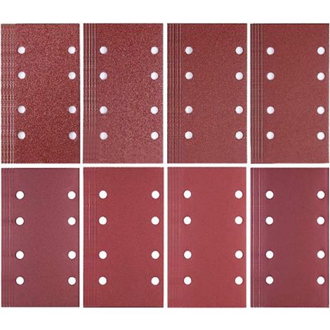 80 feuilles abrasives - Jeu de papier de verre - Grains 40/60/80/120/180/240/320/400 - Papier de verre rectangulaire floqué - 8 trous - Rouge - 185 x 93 mm (1/4)