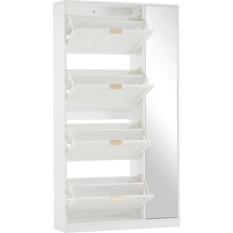 Zapatero con espejo HOMVRA, 4 compartimentos abatibles, blanco, 80 x 24 x 147 cm (1/5)