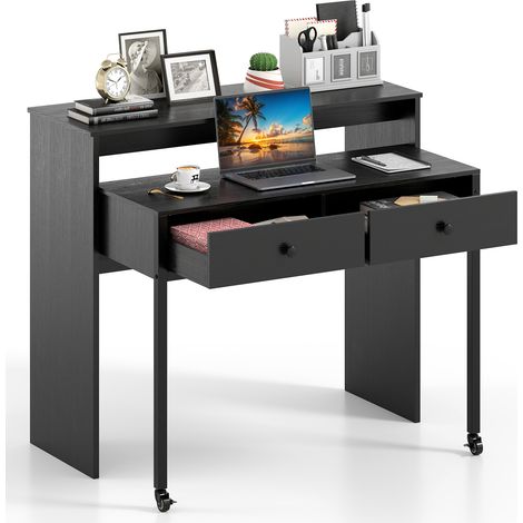 COSTWAY Extendable Computer Desk Convertible Home Office Desk w/ Drawers-Black (1/5)
