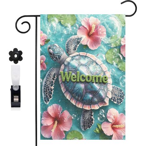 Drapeau de jardin bienvenue 30 x 45 cm motif tortue et coraux colorés toile double face (1/5)