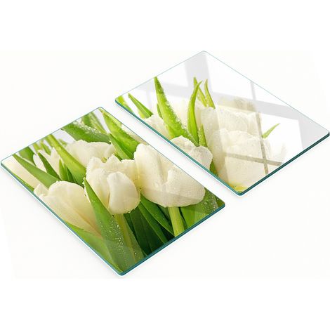 Tablas decorativas de cristal para cortar y servir, dise帽o de tulipanes blancos, 2x40x52 cm.