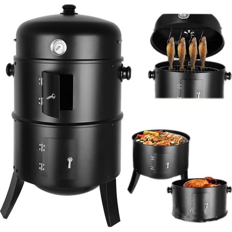 Barbecue fumoir à charbon 3 en 1 – Baril de fumage avec thermomètre intégré, pour cuisine et fêtes en plein air