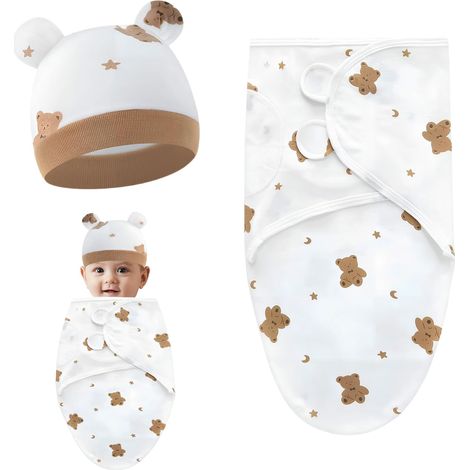 Baby Swaddle Blanket, 73 x 50 cm, Baby Wrap Swaddle Blanket, 0-6 Months Swaddle Sleeping Bag with Hat, Cotton Swaddle Sleeping Bag, Unisex (Brown Bear Pattern) (1/5)