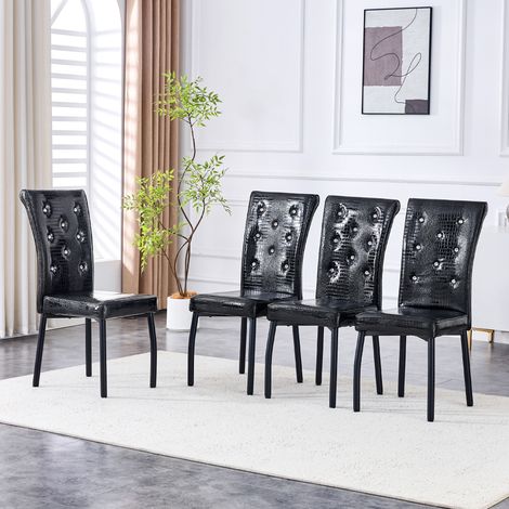 Pack de 4 sillas de comedor, sillas de cocina de diseño vintage chic con botones de cristal, piel sintética efecto cocodrilo, altura 101 cm, negro (1/5)