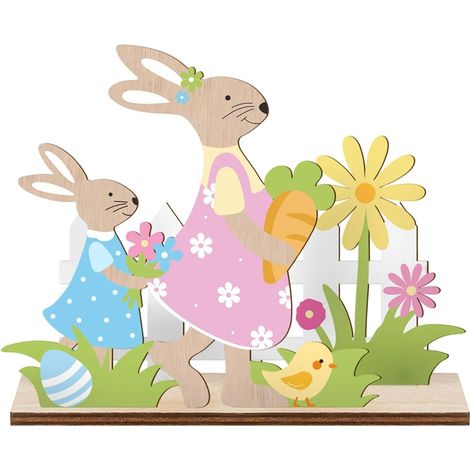 Panneau de table en bois « Joyeuses Pâques » avec lapin, maman et bébé, fleurs colorées et œuf de Pâques. Décoration à poser pour la maison, la cuisine ou les fêtes de printemps. Rose. (1/4)