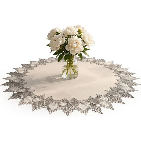 Runde Tischdecke 60 cm mit Stickerei, beigefarben, Leinen-Optik, pflegeleicht