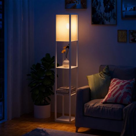 Lampe sur pied en bois et PS blanc 40W avec 3 tablettes et interrupteur a tirette 26x26x160 cm (1/5)