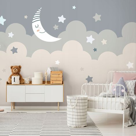 Vlies Fototapete Kinderzimmer 150x105 cm Mond - Fototapeten Tapeten für Kinder Mädchen & Jungen - Kindertapete - Kinderzimmertapete Himmel Sterne beige, WallArena (1/4)