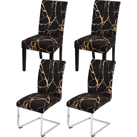 Lot de 4 housses de chaise extensibles pour chaises de salle à manger basculantes, lavables et amovibles, protection pour cuisine, restaurant, banquet, hôtel (noir avec doré) (1/5)