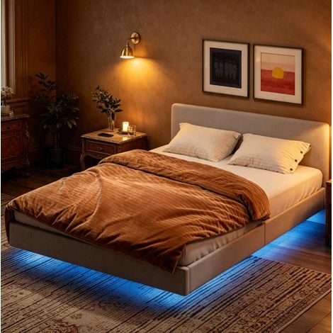 Lit double suspendu 140 x 190 cm beige avec LED RGB et sommier à lattes (1/5)