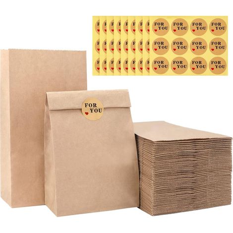 100PCS Sac Kraft,Sacs en Papier Kraft,Bonbon Pochette Papier 13 x 8 x 24 cm Brun Sachet de Bonbons+108PCS For you Autocollant pour Célébrations de Fête,Mariage,Anniversaire,Noël (1/5)