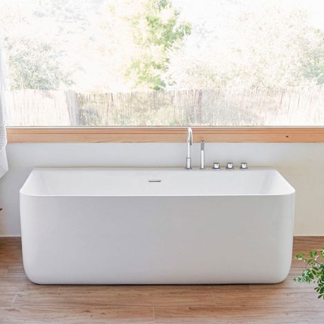 Sanycces – Baignoire îlot rectangulaire en acrylique 175 cm – Tablier, vidage et siphon inclus – Angles arrondis et droits pour installation murale (1/5)