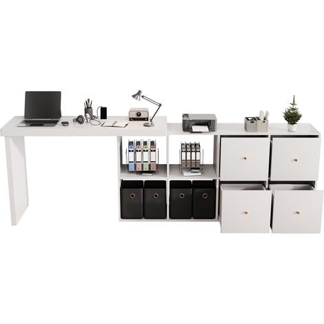 Table d’angle, plateau pivotant à 360° - installation en L ou droite, MDF, plateau et pieds renforcés de 4 cm, avec 4 compartiments, 4 tiroirs, blanc, installation flexible, bureau, table d’ordinateur