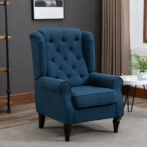 Fauteuil capitonné dossier haut accoudoirs arrondis pieds bois confortable pour salon ou chambre (1/5)