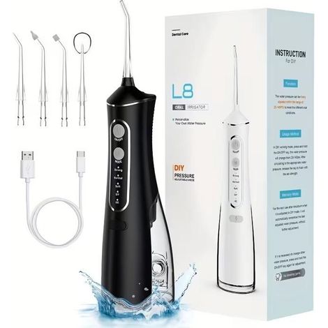 KLVGTIFS PU - Hydropulseur sans fil pour le nettoyage des dents, irrigateur oral rechargeable avec IPX7, chargement USB,réglable à 3 vitesses (1/5)