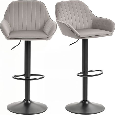 Set aus 2 Barhockern, Samt-Barstühle mit Rückenlehne, Fußstütze, höhenverstellbar und drehbar, grau