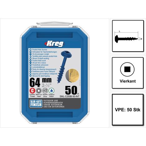KREG Pocket-Hole Linsenkopfschraube 64 mm 50 Stk. outdoor ( SML-C250B-50 ) Vierkantantrieb Teilgewinde Grobgewinde selbstschneidend gebläut