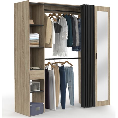 Idmarket – Dressing extensible MERYL 145/170 cm – Hêtre avec 7 étagères réglables – Double penderie 2 niveaux – Miroir et rideau noir inclus