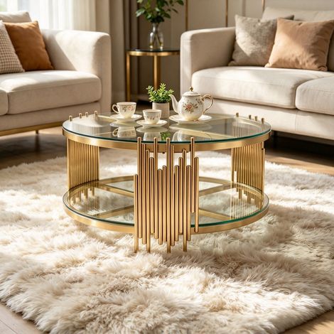 Double plateau table basse ronde pour salon, verre trempé noir et cadre acier inoxydable doré (1/5)