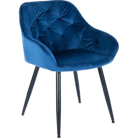Silla de comedor retro asiento acolchado en terciopelo azul y patas de metal negro 100005490 (1/5)