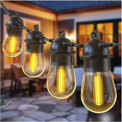 Guirlande lumineuse LED extérieure S14 - 14,5 m - IP65 - 15 lampes blanc chaud - Abat-jour incassables résistants aux UV - 2700 K - Pour jardin et terrasse (1/5)