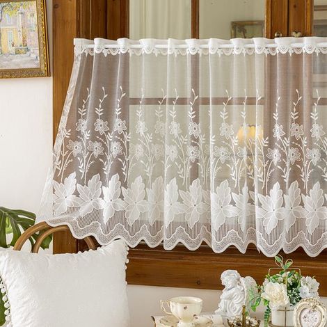 Lot de 2 voilages dentelle – 180 x 70 cm – Blancs – Brodés – Laisse passer la lumière – Cuisine et salon (1/5)
